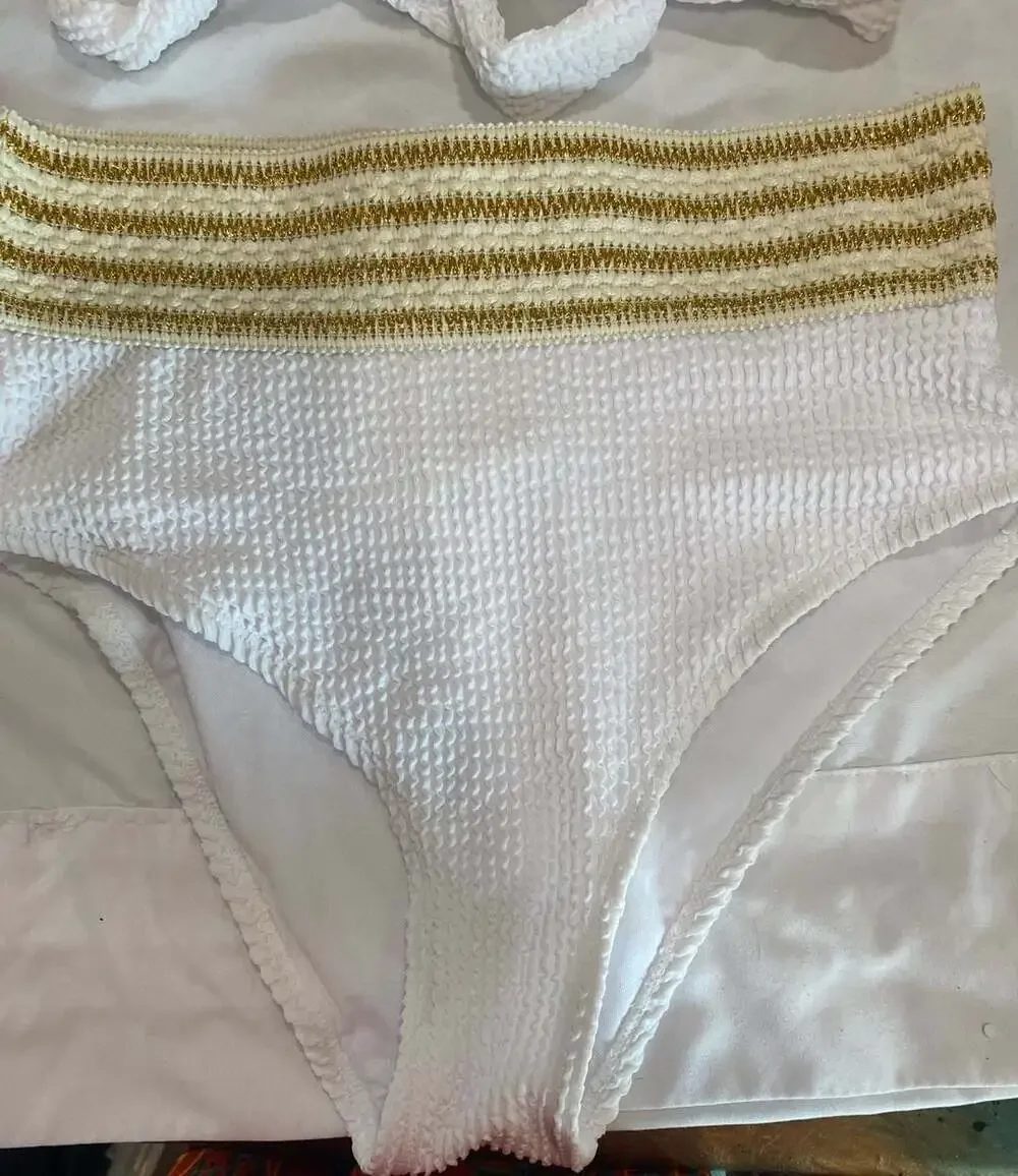NEW Cupshe Metallic Striped Wrap Bralette and High Waist Bikini Set White and Go